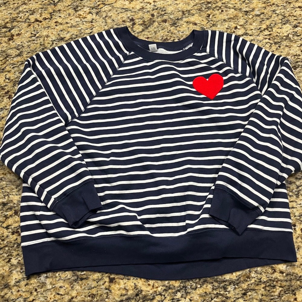 Old Navy Womens XXL Blue White Striped‎ Heart Patch Sweatshirt Raglan Pullover